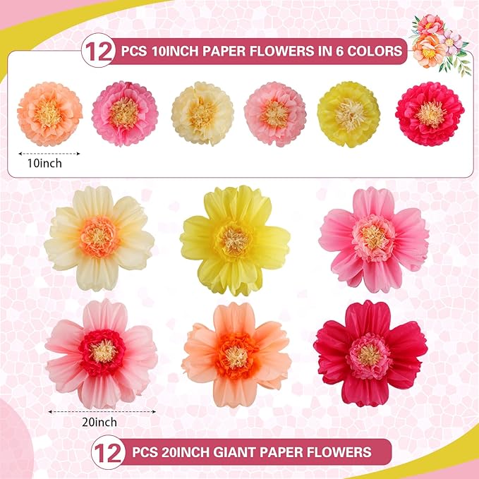 Crowye 24 Pcs Large Colorful Tissue Paper Flowers Decorations 20" Giant Fiesta Crepe Paper Flowers for Wall Decor Backdrop Mexican Wedding Birthday Baby Shower Carnival Party Craft (Fresh Color)