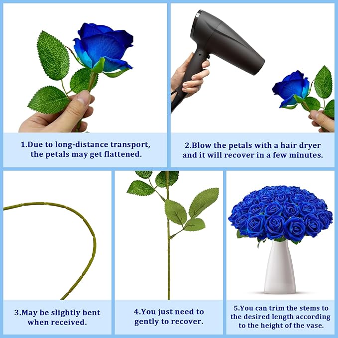 Bulk Artificial Flowers 50 PCS, Fake Velvet Silk Blue Roses with Long Stems Realistic Bouquet for Wedding Centerpieces, Faux Arrangement for Home Table Decor