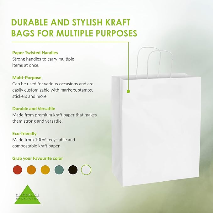 Prime Line Packaging White Gift Bags, Shopping Gift Bags Medium with Handles for Small Business, Boutiques, Retail, Merchandise, Party Favors, Bulk 10x5x13, 100 Pack