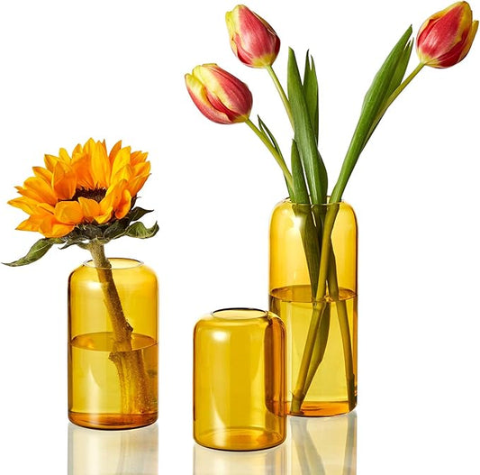 ZENS Glass Bud Vase Set of 3, Hand Blown Small Amber Bud Vases for Flower Decorative, Modern Cylinder Clear Glass Vase for Wedding,Living Room Home Décor