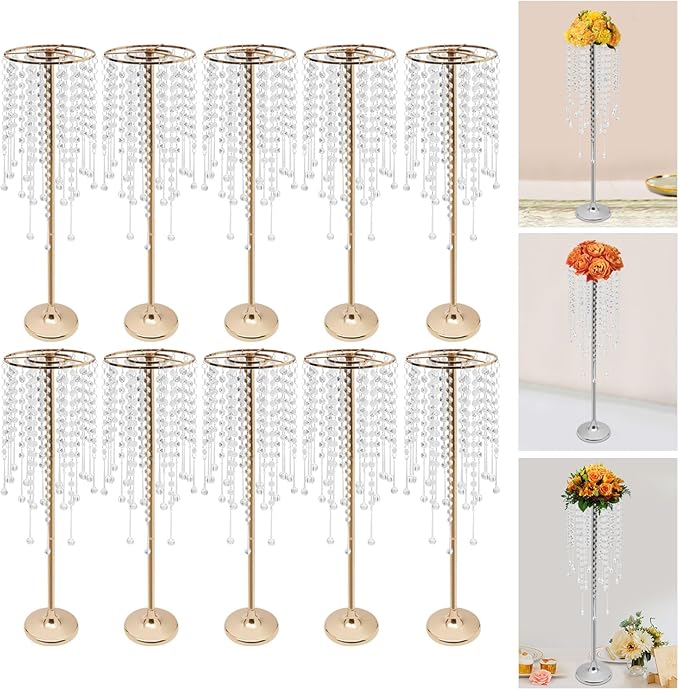 Wedding Centerpieces Silver Vases,10PCS Metal Flower Candle Holder with Sparkling Crystal Beads,Crystal Flower Vase Metal Flowers Stand for Party Tables Decorations (10PCS-Silver)