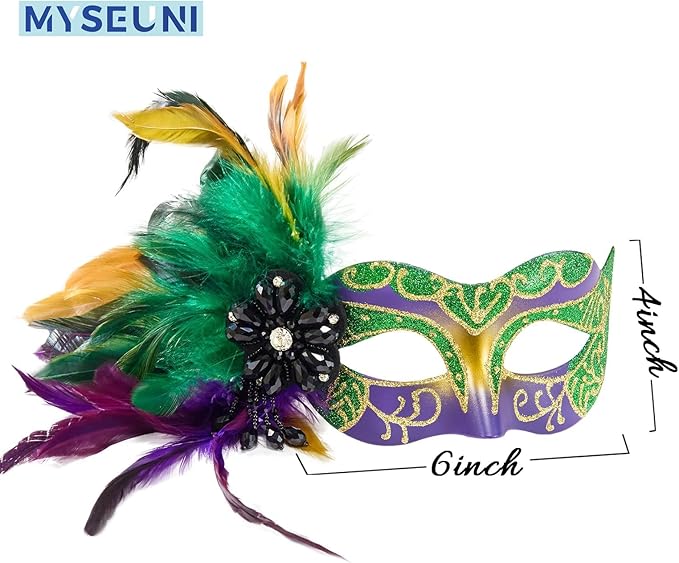 2025 New Mardi Gras Masks for Women with Feathers - Womens Mascarade Venetian Mask for Masquerade Party, Mardi Gras, Halloween Cosplay Prom, Christmas