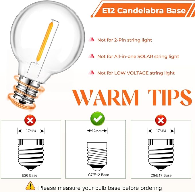 70 Pack LED G40 Replacement Bulbs for String Lights, Shatterproof Plastic Globe Bulb for Indoor Outdoor Patio Decor, E12 Candelabra Socket Base, Warm White