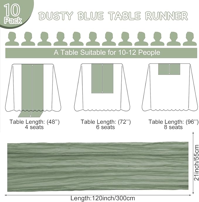 10 Pack Sage Green Table Runner 120 Inch Cheesecloth Table Runner 10FT Boho Gauze Table Runner Long Cheese Cloth Table Runner Semi Sheer Runners for Wedding Bridal Baby Shower Party