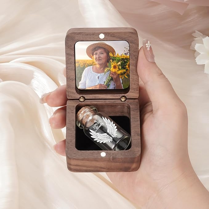 SOITIS Customized Wooden Box for Ashes - Small Glass Urn for Human Ashes Keepsake, Mini Urns for Ashes Cremation Holder, Funeral Keepsake for Women Men-White Wings Urn