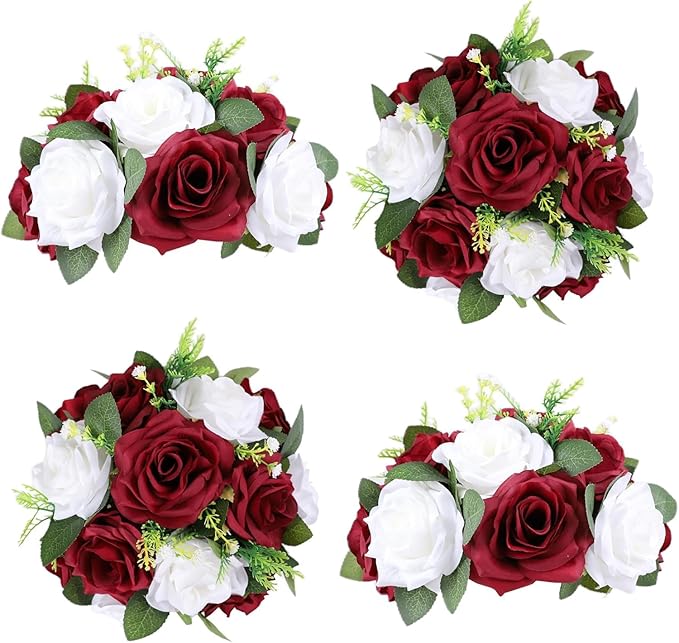 4 Pcs Burgundy White Flowers Artificial Flowers Ball Wedding Table Centerpiece Table Decorations Flower Arrangement for centerpieces Wedding Flowers