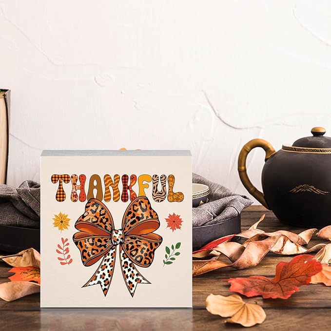 Thankful Fall Decor Fall Decorations for Home Autumn Leopard Bow Decor Cute Autumn Thanksgiving Decorations for Desk Table 5 x 5 inches