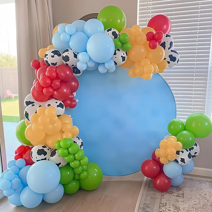 Red Yellow Blue Balloons Arch Kit Red Blue Green Yellow Latex Balloon Garland with Cow Print Party Balloons for Kids Boys Birthday Party Farm Themed Party Decorations