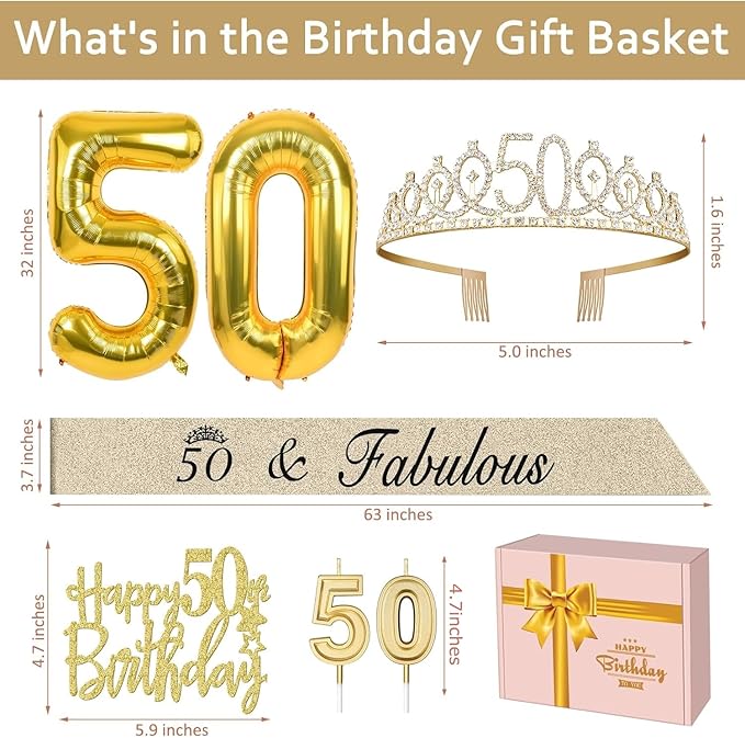 50th Birthday Decorations for Women Gold with 50th Birthday Sash and Tiara, Cake Topper and Candles, Number Balloons, 50 Year Old Gifts for Women