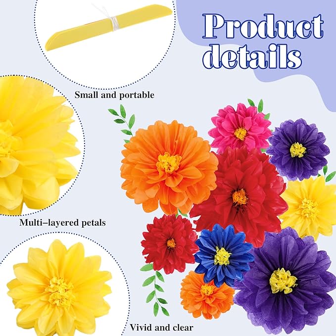 Geyee 18 Pcs Mexican Paper Flowers Colorful Fiesta Tissue Paper Flowers Pom Poms Mexican Carnival for Floral Party Backdrop Wedding Birthday Party Craft, 6" 8" 10"(Dark Color)
