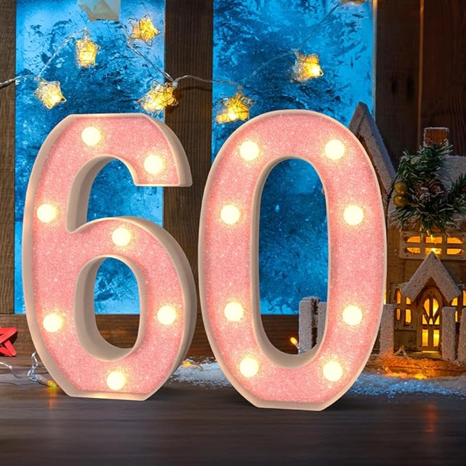 Marquee Light up Numbers 0-9, Battery Powered LED Light, Pink Glitter Plastic for 60th Birthday Decorations, Graduation Engagement Wedding Decor (Number 60)