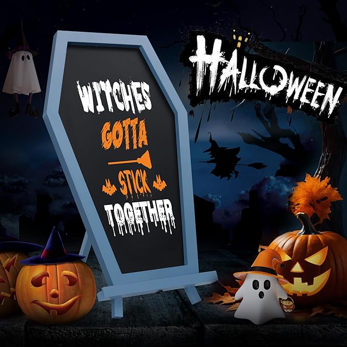 Coffin Chalkboard, Three Legged Stand-up Chalk Board for Desk, Magnetic Chalkboard Easel Sign Tabletop for Home, Office and School - Halloween Decorations Gothic Decor Spooky Gifts, 17''x10.5'', Blue