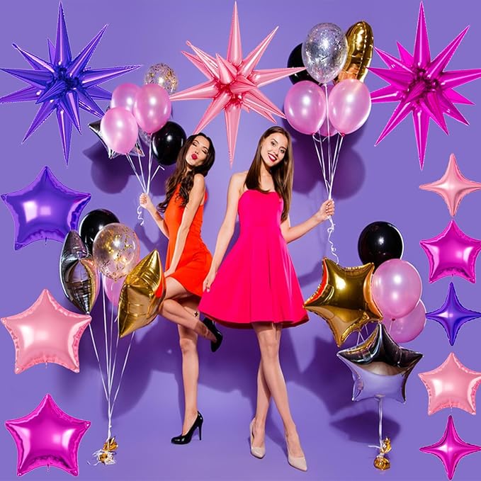21 Pcs Star Balloons,22/18/10 Inch Star Foil Mylar Balloon,Spike Balloon and Four Pointed Balloons for Party Supplies Christmas Birthday Wedding Photo Booth (Purple Pink Hot Pink)