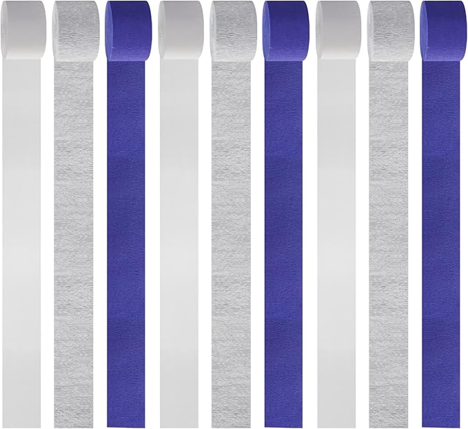 Navy-Blue White- Silver Crepe Paper Streamers - 9 Rolls Royal Blue Graduation 2025 Men Boy Birthday Party Decorations Streamer Wedding Bridal Shower Paper Garland Fathers Day Decor Panduola