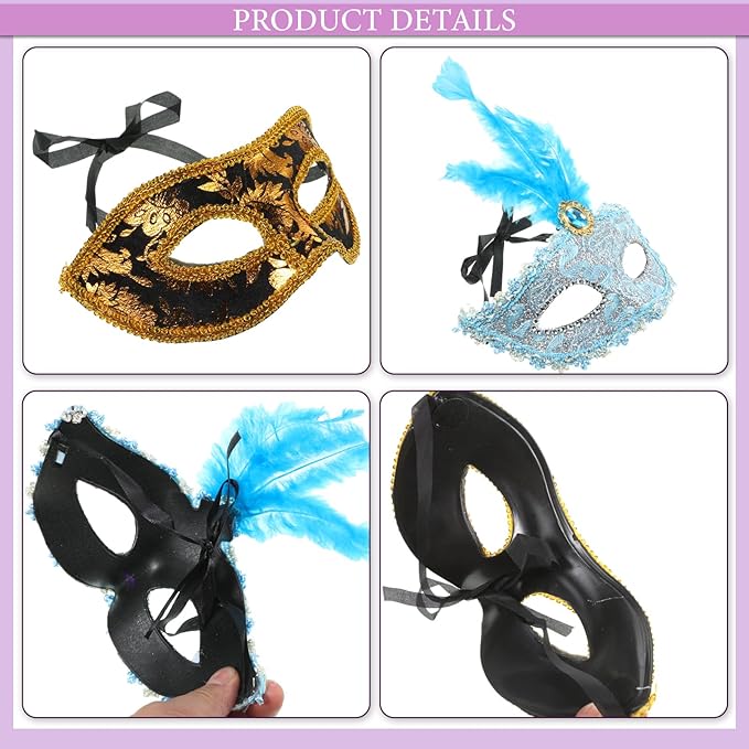 Sratte Couple Masquerade Mask with Feather Flower Unisex Half Face Venetian Mask for Mardi Gras Party