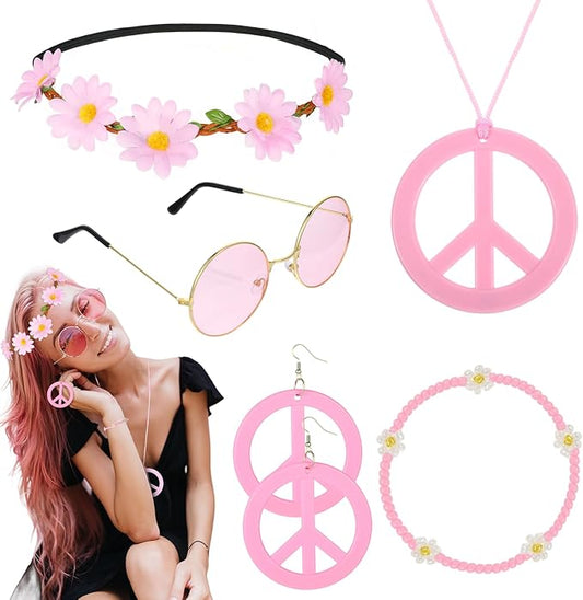 6 Pcs Hippie Costume Accessories Set 60s 70s Dressing Accessory Flower Crown Headband Peace Sign Necklace Earrings Bracelet Colored Hippie Sunglasses Costume Supplies for Christmas Carnival Party