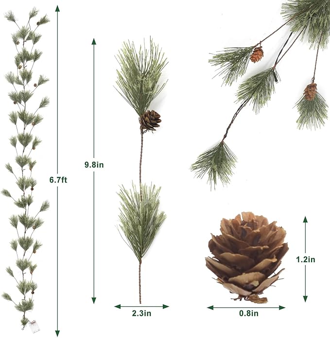 6.4FT Rustic Christmas Garland with Light, Pre-lit Outdoor with Pine Needles Cones for Fireplace Door Porch Mantel Centerpiece Xmas Decoration, Green (Dense Pine Needle)
