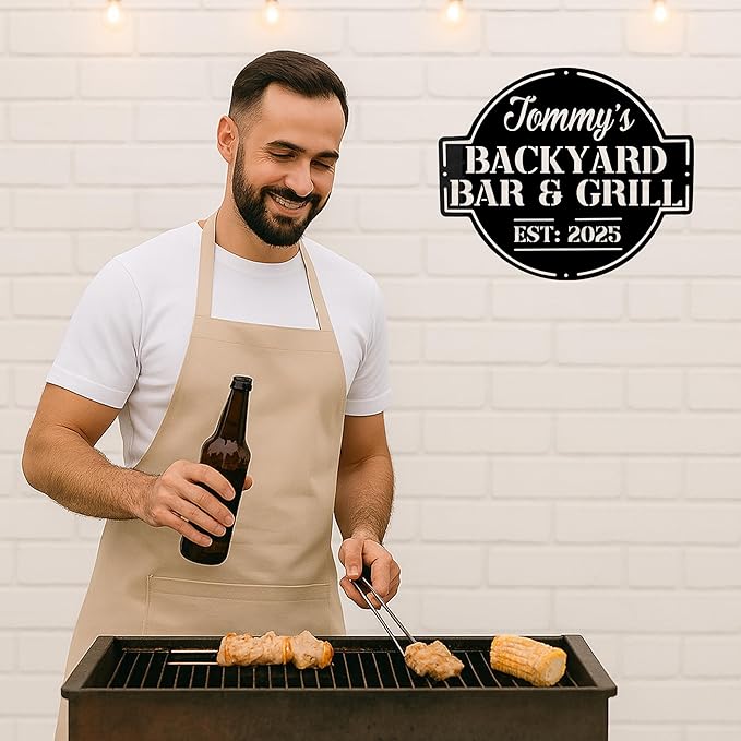 Custom BBQ Grill Metal Sign Personalized Name Wall Art for Outdoor Barbecue Patio Kitchen Backyard Decor Gift for Dad Husband Men Papa Grandpa Father Grilling Enthusiasts Family Lover Funny Gifts 34
