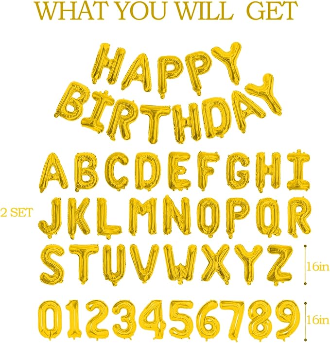 75pcs 16" Happy Birthday Balloon Banner, Gold Balloons Letters, Personalized Mylar Foil Birthday Decorations includes 2 Sets A- Z, 1 set Number 0-9 "HAPPY BIRTHDAY" letters
