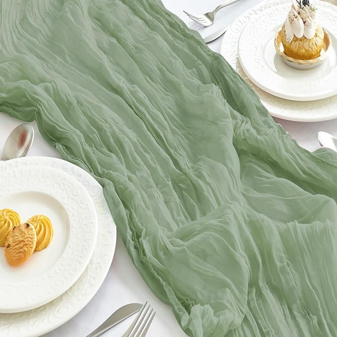 IVAPUPU 2 Pcs Cheesecloth Table Runner - 10ft Sage Green Boho Gauze Cheese Cloth Table Runners for Baby Shower Decoration Wedding Party Summer Garden Farmhouse