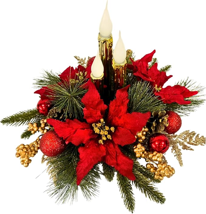 Christmas Decorations,Christmas Floral Arrangement Centerpiece for Table, Golden Flameless Candles Red Poinsettia Flower Golden Pine Cones Berries and Ball Ornaments Holiday Winter Decorations