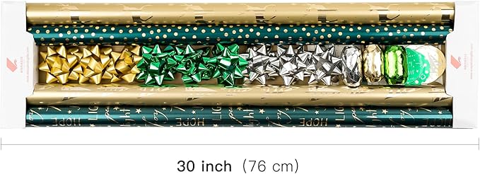 WRAPAHOLIC Green Christmas Wrapping Paper Set - Green and Gold Metallic Foil Shine Christmas Wrapping Paper Bundle with Gift Bow & Ribbon & Tag & Sticker
