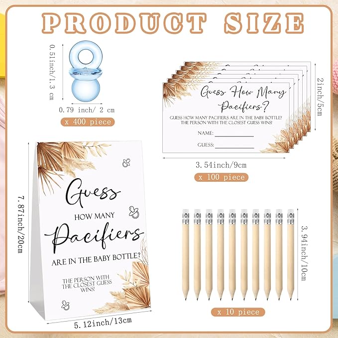 Roowest 512 Pcs Baby Shower Games Guess How Many Pacifiers Sign 100 Small Guessing Games 10 HB Pencils 750ml Milk Bottle 400 Acrylic Pacifiers Decoration for Guest Gender Reveal(Blue,Boho)