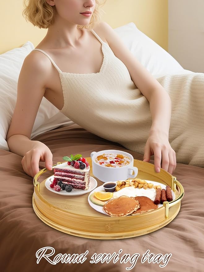 JUPELI 14″ Round Bamboo Serving Tray with Handles – Decorative Tray, Breakfast Tray, Coffee Table Tray, Ottoman Tray, Kitchen Platter for Drinks, Snacks, Vanity, Home Decor & Gifts