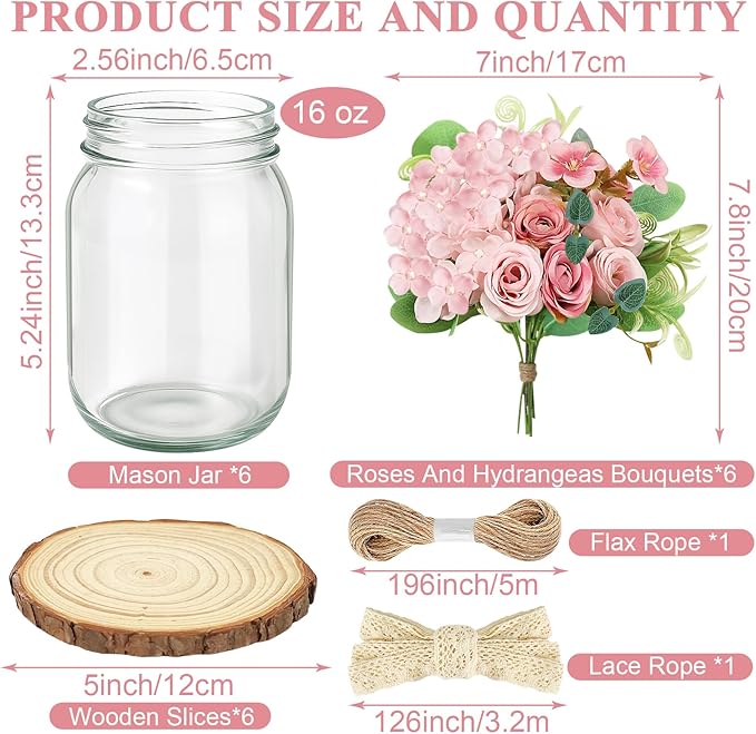 Set 10 Mason Jar Table Centerpiece - Wedding Centerpieces for Tables, Mason Jar Flower Centerpiece Vases Decor- Boho Farmhouse Rustic for Engagement, Bridal Shower, Wedding, Versatile Decor (Pink)