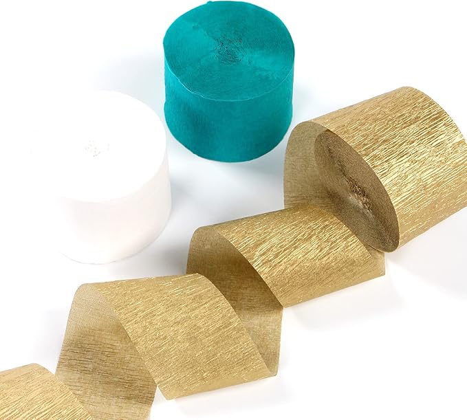 Teal-Turquoise White Gold Party-Decorations Streamers - 9 Rolls Woman Girl Birthday Crepe Tissue Paper Streamer Graduation Wedding Bachelorette Engagement Bridal Baby Shower Garland Decor Panduola