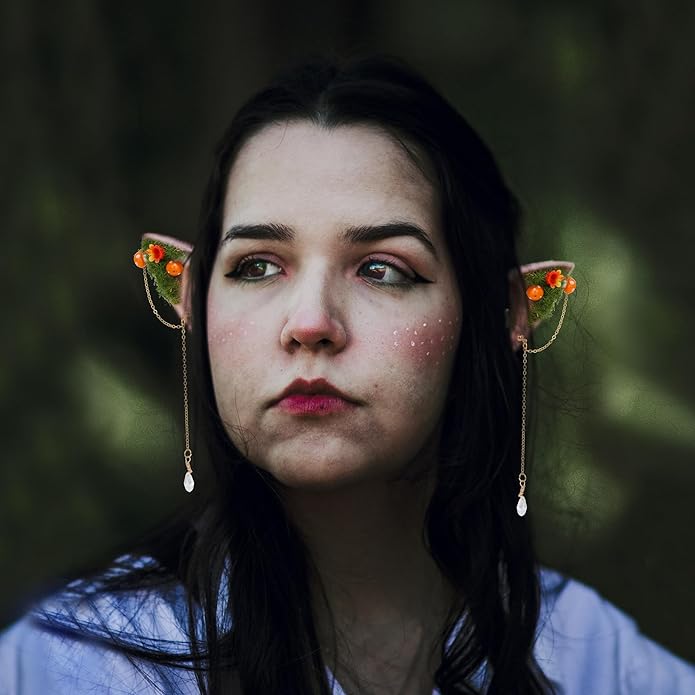 FRESHME Forest Mushroom Elf Ears, Soft Fairy Ears with Mushroom Moss and Flower Elven Ear Cuffs Halloween Renaissance Cosplay
