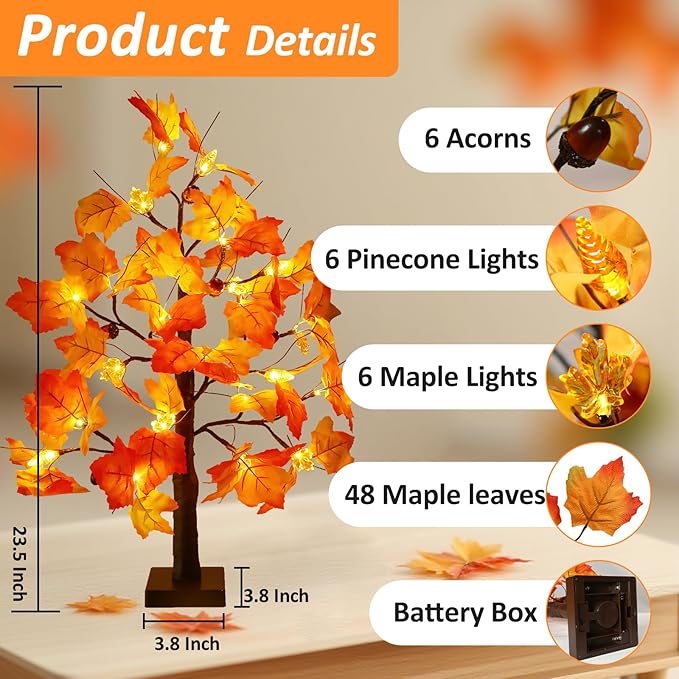 Joyhalo 2 Pack 23.5 Inch Fall Trees with Lights, Timer Battery Operated Fall Light Up Tree for Thanksgiving Autumn Home Office Room Indoor Decorations, Faux Fall Lighted Maple Trees Decor