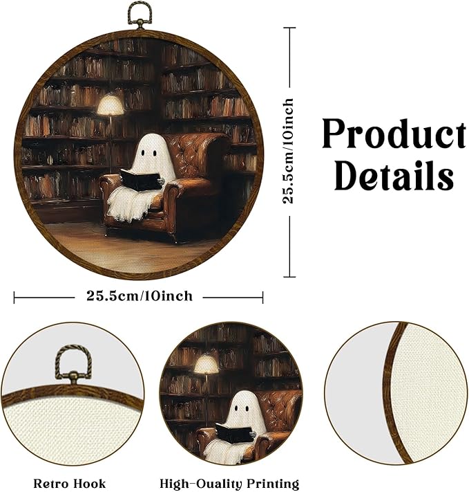 Funny Halloween Ghost Round Wall Art,Gothic Canvas Wall Hanging Decor, Spooky Farmhouse Vintage Round Wall Art for Bedroom Living Room Entryway, Rustic Ghost Gothic Wall Decor,Gift for Halloween 10x10Inch (Dark-Ghost01)