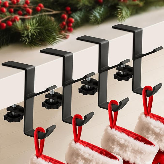4 Pack Stocking Holders for Mantle for Christmas Decorations,2 in 1 Mantle Garland Holder for Hanging Christmas Stockings,No Drilling Required & Adjustable Garland Hanger, Metal(Black)