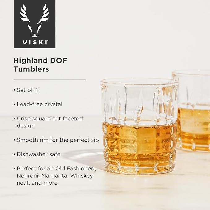 Viski Highland Crystal Whiskey Glasses, Elegant Drinking Glasses for Bourbon, Scotch, Cocktails, and Neat Spirits, Lowball Tumblers Perfect for Hosting, Housewarming Party, Home Bars, 10 oz, Set of 4