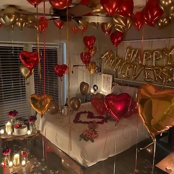Anniversary Decorations, Happy Anniversary Banner, Hanging String Hearts, Red and Gold Balloons, Love Balloon, Red Silk Rose Petals for Wedding Bridal Shower Bachelorette Party Decorations