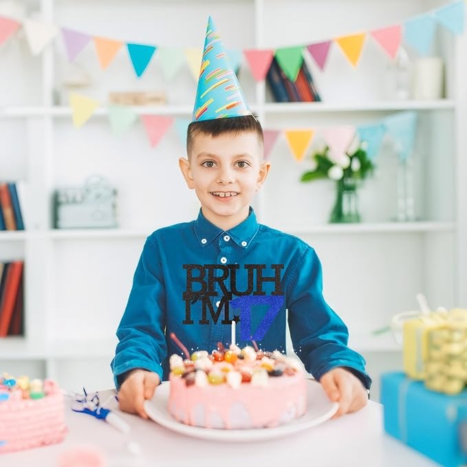 Bruh I'm 17 Cake Topper, Happy 17th Birthday Decorations for Boy, Funny 17th Birthday Cake Topper Birthday Party Decoration Supplies