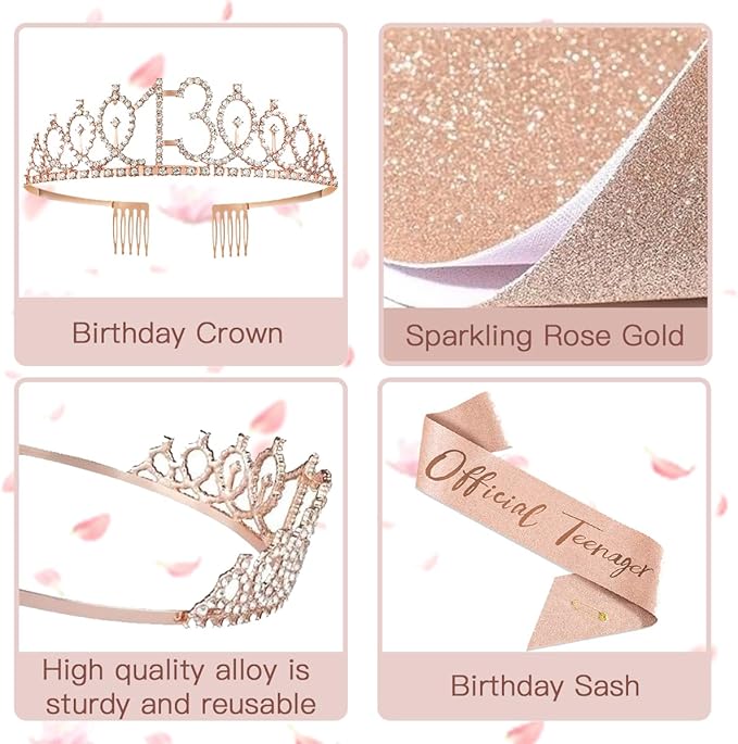 13th Birthday Decorations for Girls, Rose Gold 13th Birthday Banner, Balloon, Cake Topper, Sash and Crown, Happy 13th Birthday Party Decorations for Girls