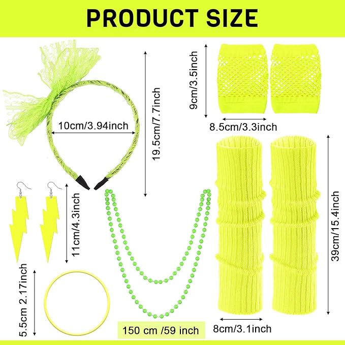 Handepo 19 Pcs 80s Costume Accessories Holographic Fanny Pack Leg Warmers Lace Headband Earrings Gloves Necklace Bracelet