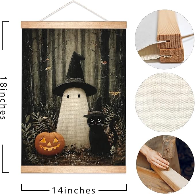 Rustic Halloween Ghost and Black Cat with Pumpkin Wall Art 18.5x14 Inch,Halloween Linen Canvas Wall Hanging Poster Decor, Retro Gothic Haunted House Theme Wall Poster for Living Room (BLK03)