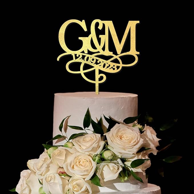 Personalised Gold Initials Wedding Cake Topper, Custom Two Initial and Date Cake Topper, Monogram Cake Topper, Made in USA, 2 Letters Engagement Cake Topper, Rustic Anniversary Party Decoration