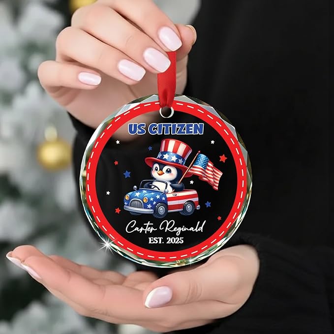 Customized Penguin US Citizen Glass Christmas Ornament 2025, Personalized Year & Name New American Citizen Keepsake Xmas Ornaments Gift for Men Women Boys Girls Sister Brother, New Citizens Ornament