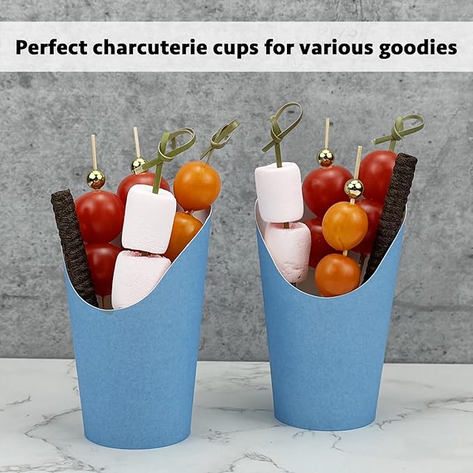 CAMKYDE 50 Charcuterie Cups + 200 Cocktail Picks + 56 Labels, 12 oz Disposable Charcuterie Cups with Sticks (2 Types), French Fry Cup Blue Paper Appetizer Cup for all Occasions (Blue)