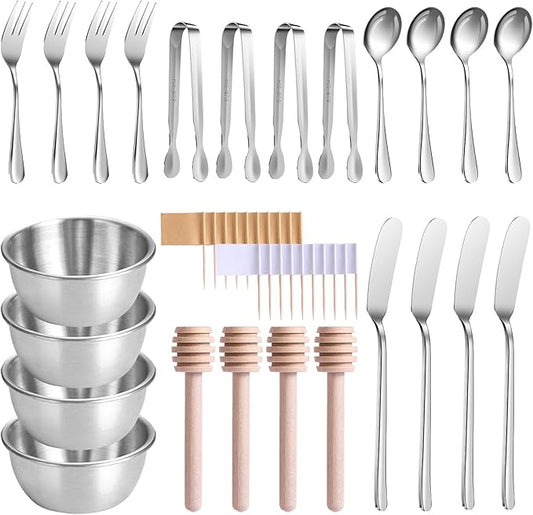 Charcuterie Boards Accessories, Charcuterie Utensils, Stainless Steel Spreader Knives Forks Spoons Mini Serving Tongs Small Dipping Bowls Toothpick Flags Utensils for Pastry Making