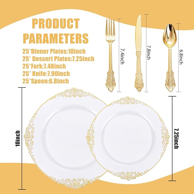 125PCS White and Gold Plastic Plates - Gold Disposable Plates with Plastic Silverware - Vintage Disposable Dinnerware Set for 25 Guests for Christmas Parties, Thanksgiving