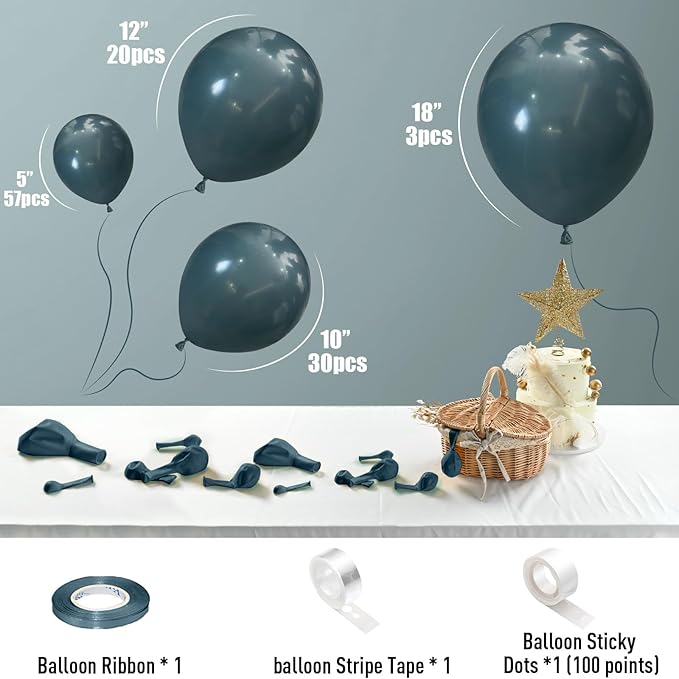 Blue Balloons 113Pcs, Dusty Balloon Arch Garland Kit Different Sizes, 5 10 12 18inch Matte Retro Slate Fog Latex Helium for Boho Birthday Wedding Baby Shower Party Decorations QQ-113