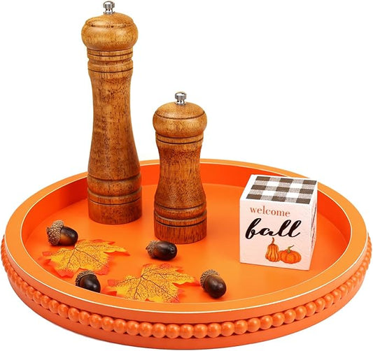 Round Orange Wood Serving Tray with Beads, Wooden Decorative Tray for Entertaining, Decoration, and Gifting,