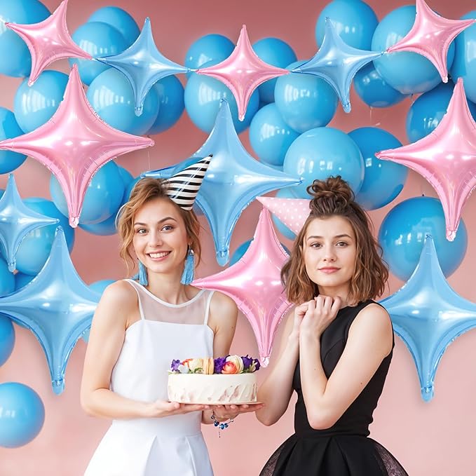 Pink Blue Star Balloons,12Pcs Four Angle Star Foil Balloons,26Inch and 10Inch Light Pink Blue Quadrangle Helium Balloon for Birthday Anniversary Party Decorations