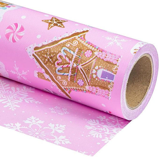 WRAPAHOLIC 30 Inch Jumbo Reversible Gingerbread Christmas Wrapping Paper - 30 Inch x 33 Feet - Pink Gingerbread House and Snowflake with Embossed for Christmas, Holiday, Party Celebration