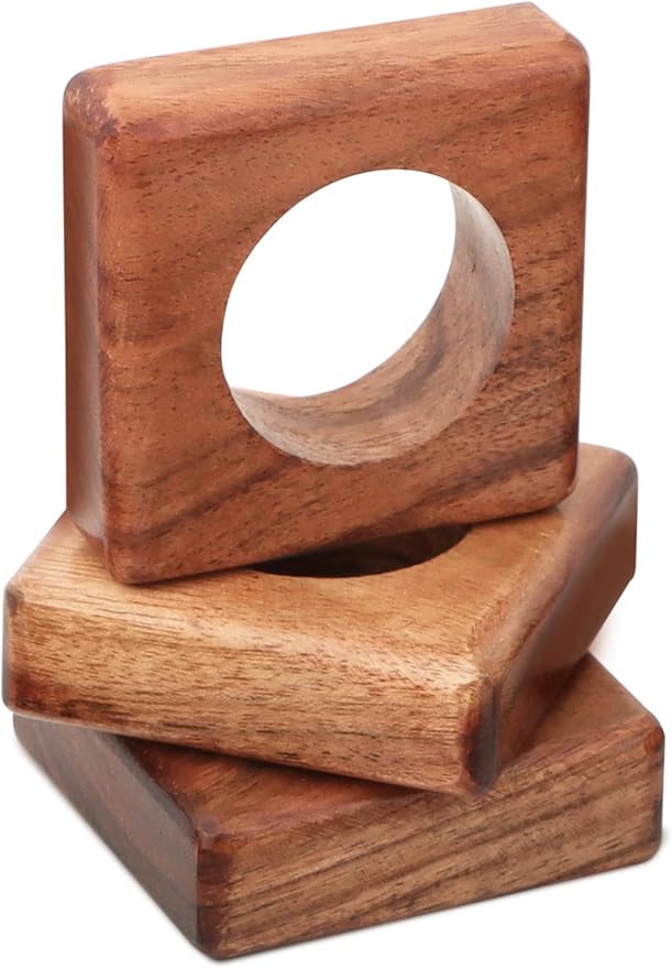 Wooden Napkin Rings Set of 12 Fall Decor for Home Square Acacia Wood Napkin Holders for Dining Table Settings Wood Napkin Ring Rustic Table Décor for Weddings, Parties, and Everyday Use - CLEENTABLE